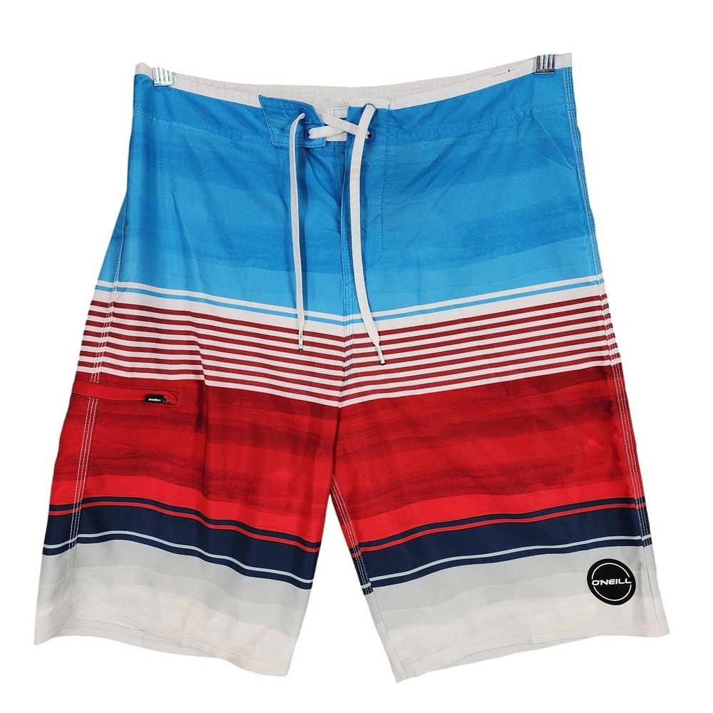 ONeill Board Shorts 30 Mens Hyperfreak Stripe Red White‎ Blue 10" Functional Fly